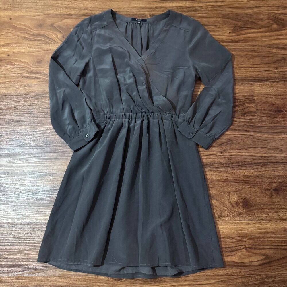 MADEWELL Silk Faux Wrap Dress V Neck Long Sleeve Womens Size 2 Gray Polyester